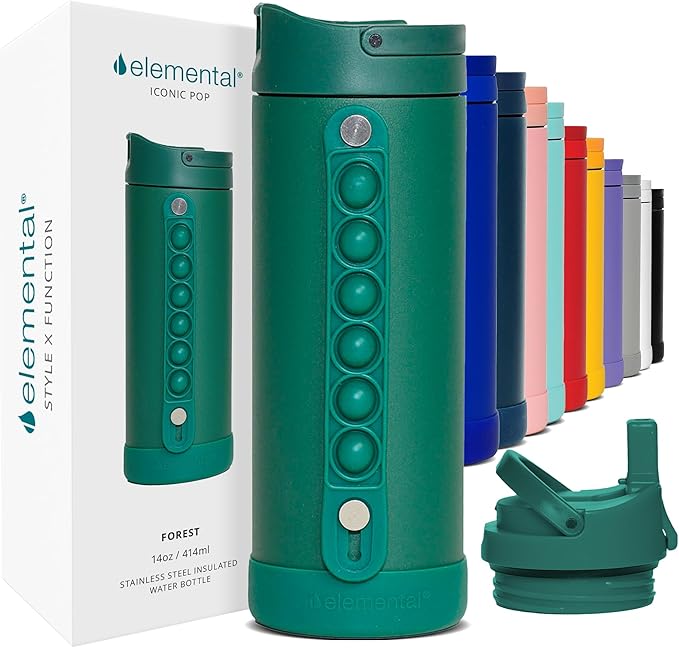 Elemental Iconic Kids Water Bottle for School - 100% Leak-Proof Insulated Water Bottles with Straw Lid & Pop-It Handle for Boys & Girls - Triple-Wall Insulated & BPA-Free, 14oz –Forest Green