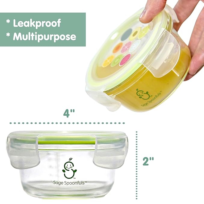 Sage Spoonfuls Glass Baby Food Containers with Lids - 6 Pack, 4 oz & 7oz Baby Food Jars, Durable, Leakproof, Airtight, Freezer Storage, Reusable Glass Baby Food Containers, Microwave & Dishwasher Safe