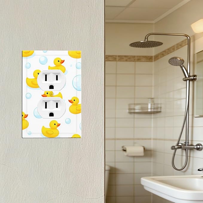 Cheerful Rubber Ducks & Bubbles Bath Time Duplex Wall Plate - 1-Gang Standard US Size Bathroom Funny Duck Outlet Covers for Kids' Bathroom Decor