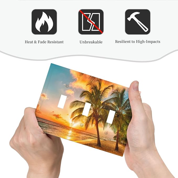 Light Switch Cover Sunset Beach Palm Tree Seascape 3 Gang Wall Plate Triple Light Switch Plate Tropical scenery Toggle Decorative Outlet Covers Electrical Switchplate for Bathroom Home Decor