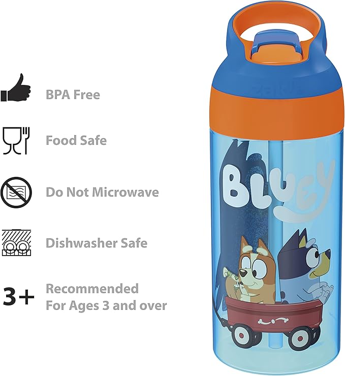 Zak Designs 17.5 oz Riverside Bluey Kids Water Bottle with Straw and Built in Carrying Loop Made of Durable Plastic, Leak-Proof Design for Travel, 2PK Set