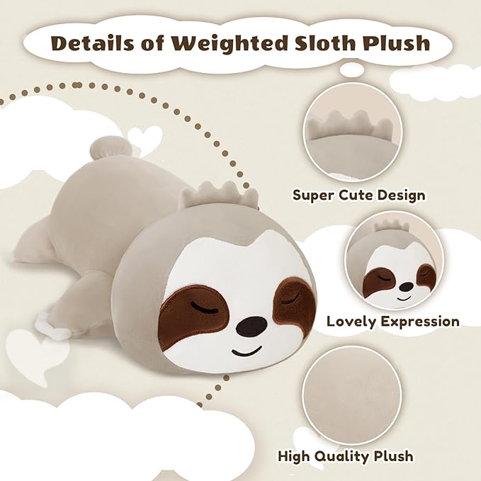 Finebee Weighted Sloth Stuffed Animals, Cute Weighted Sloth Plush, Soft Stuffed Weighted Plushie Pillow Gifts for Girls Boys(13.8" 1.6Lbs)
