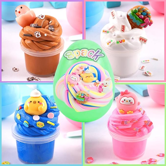 8Pack Butter Slime kit for Kids,Easter Basket Stuffers Party Favors Stretchy and Non-Sticky, Sensory Play Kit and Easter Basket Fillers Slime and Charms - Prefilled Eggs