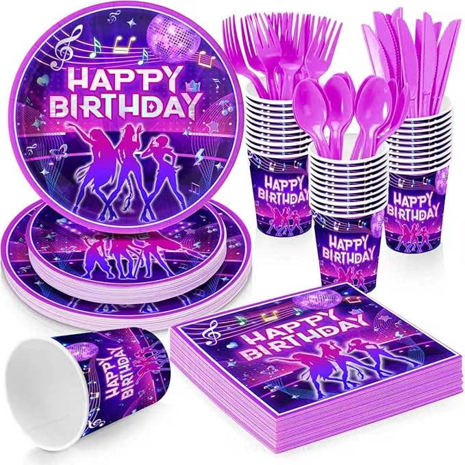 Kpop Music Themed Party Supplies for Fans Music Birthday Party,Kpop Girl Group Idol Celebration Decorations Disposable Tableware Set With Plates, Cups, Napkins & Cutlery for 24 Guests