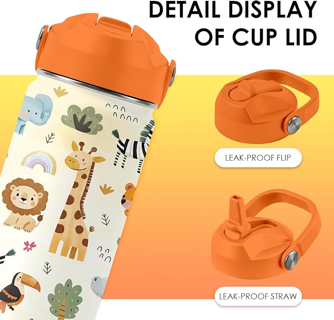 16oz Kids Wild Animal Water Bottle with Straw Lid, Stainless Steel Insulated Tumbler, Leakproof, BPA-Free, for Boys & Girls, Travel - Forest Friends Nature Lovers Birthday Gift Cup (1pc)