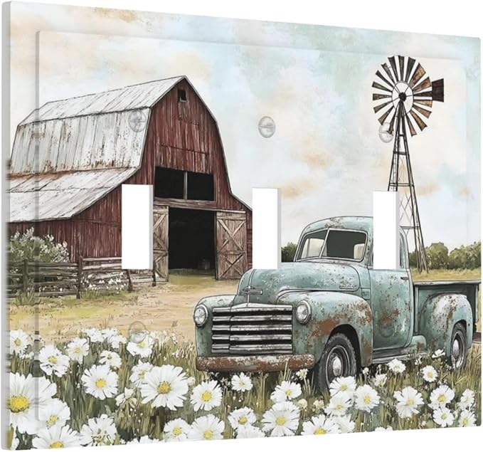 Retro Trucks Old Barn Windmill Teal Car Rustic Decorative Switch Plates 3 Gang Wall Plate Triple Toggle Light Switch Cover Faceplate Electrical Wall Panels for Farmhouse Home Decor
