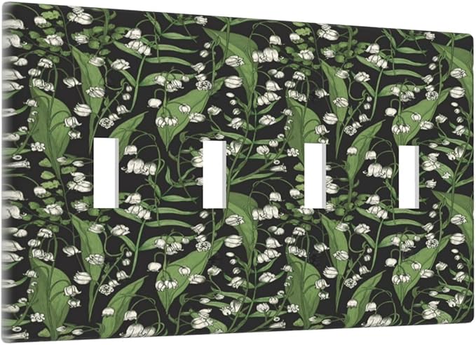 Boho Floral Green Leaves White Flowers Light Switch Covers Quad Toggle Electrical Faceplate 4 Gang Wall Plate Decorative Switch Plates for Farmhouse Bed Room Decor