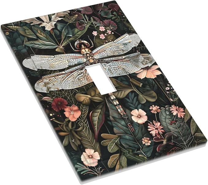 Vintage Dark Green Dragonfly Flowers Floral Botanical Decorative Light Switch Cover 1 Gang Single Toggle Device Electrical Faceplate Switchplates Decorator Outlet Wall Plate for Farmhouse Home Decor