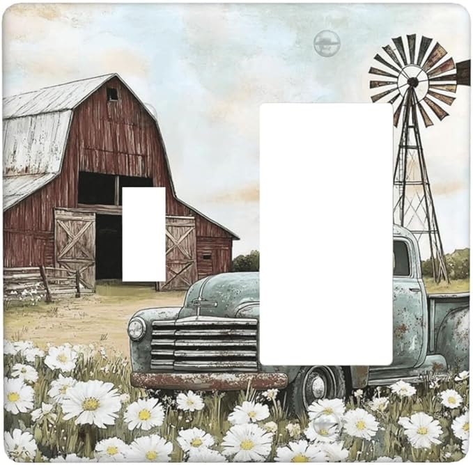Retro Trucks Old Barn Windmill Teal Car Rustic Outlet Covers 1 Toggle 1 Rocker Combination Decorative Wall Plate Electrical Switch Plates Light Switch Cover Plate for Farmhouse Home Decor