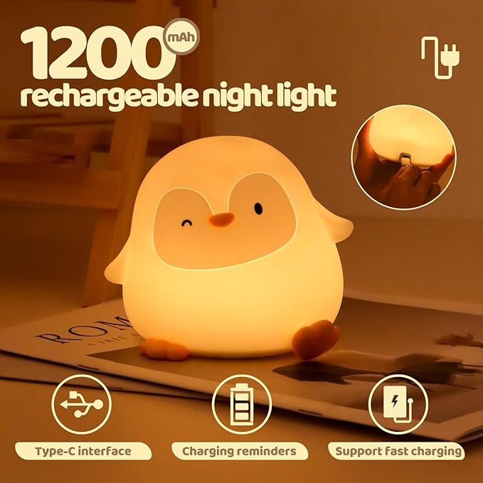 Rytinazzz Penguin Silicone Night Light, Tap Control Dimmable Soft Nightlight with 30-Min Timer, 50H/12H Long Battery Life, Portable Bedroom Lamp for Baby Kids Toddler Girls, Gift for Mothers Day