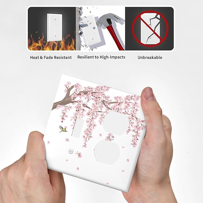 Pink Flower Tree Branch Cherry Blossom Tree Floral Birds Wallplates 1 Toggle 1 Duplex Switch Plate Electrical GFCI Faceplate Decorative Light Switch Covers for Bedroom Living Room Decor