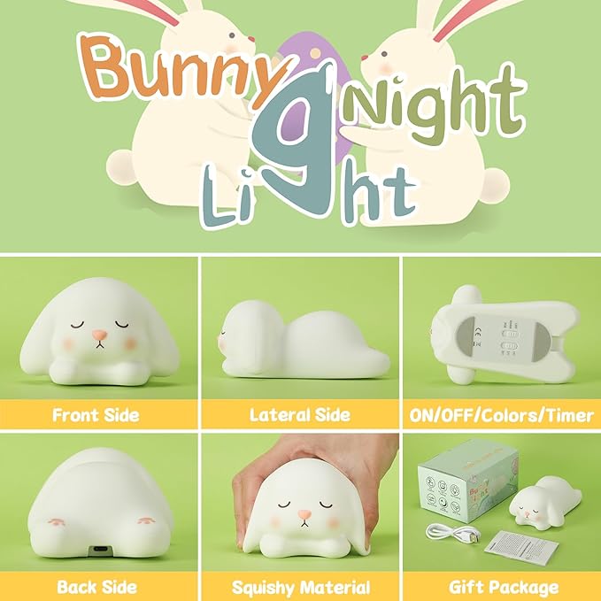 ZKLiLi Bunny Night Light for Kids Lamp, 16 Colors Lamp Cute, Dimmable Baby Night Lights for Nursery,Silicone Rechargeable Nightlight for Kids Room, Kawaii Room Decor