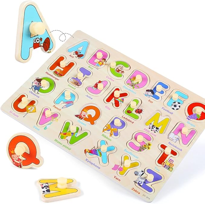 GRINNNIE Wooden Peg Puzzle for Toddlers 3 4 5 Years Old, 4 PCS Montessori Educational Learning Puzzles Set-Numbers, Letters, Animals and Fruits, Great Preschool Gifts for Girls and Boys (Pack of 2)