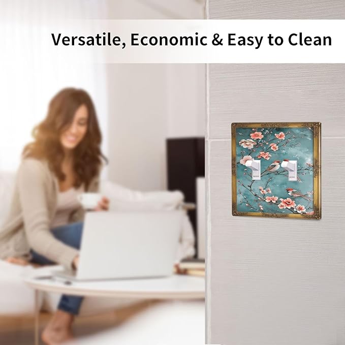 Decorative Art Light Switch Covers Vintage Chinoiserie Oriental - Teal Birds and Floral Branch 2 Gang Double Toggle Wall Plate Decorative Switchcover Electrical Switchplate for Home Decor
