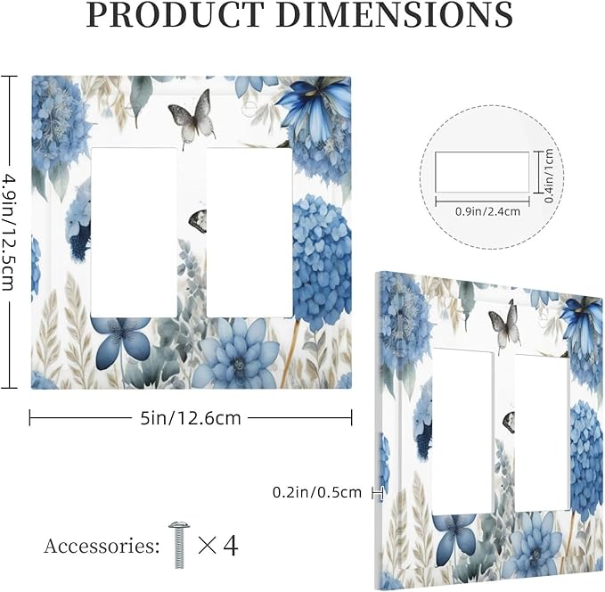 Blue Floral Hydrangea Floral Butterfly Flower Plant Decorative Outlet Covers 2 Gang Double GFCI Rocker Electrical Wall Panels Light Switch Cover Plate for Bedroom Living Room Decor