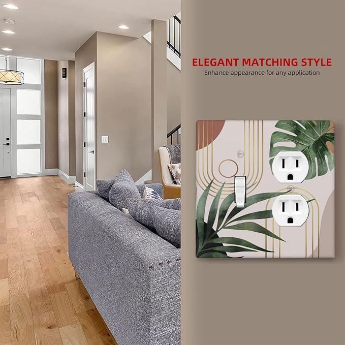 Tan Beige 70s Middle Mid Century Boho Art 2 Gang 1-Toggle/1-Duplex Combination Light Switch Cover Palm Leaf Aesthetics Sun Abstract Device Single Toggle Dual Receptacle Outlet Face Wall Plate Cover