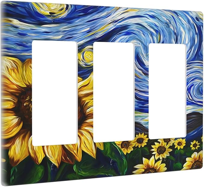 Vintage Abstract Blue Starry Sunflower 3 Gang Rocker Light Switch Covers Triple Outlet Wall Plate Decorative Switchplate Cover Faceplate GFCI for Farmhouse Country Bedroom Decor