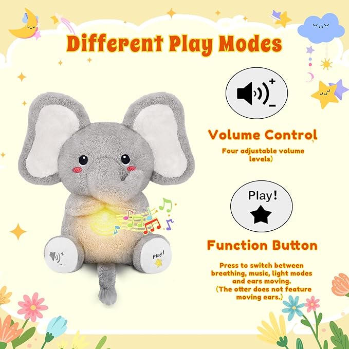 BRICHOEE Breathing Stuffed Animal, Soothing Elephant Stuffed Animal with Moving Ears, Breathing Motion, Calming Sound and Light for Baby Sleep Companion Portable Plush Gifts for Kids Adults Newborns