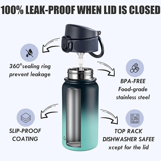 OLDLEY 12oz Kids Water Bottle, Stainless Steel Insulated Water Bottle For Kids, With Straws Leak-proof, Kids Water Bottles For School Boys Girls,Blue Green