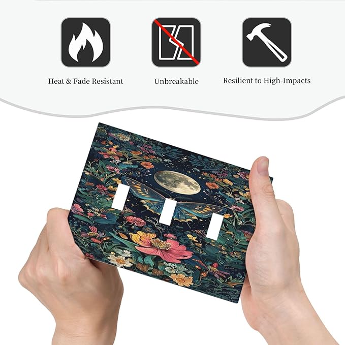 Decorative Light Switch Cover Plate Bohemian Moon Butterfly Floral 3 Gang Wall Plate Triple Toggle Switch Plate Covers Electrical Outlet Cover for Bedroom Cabin Decor