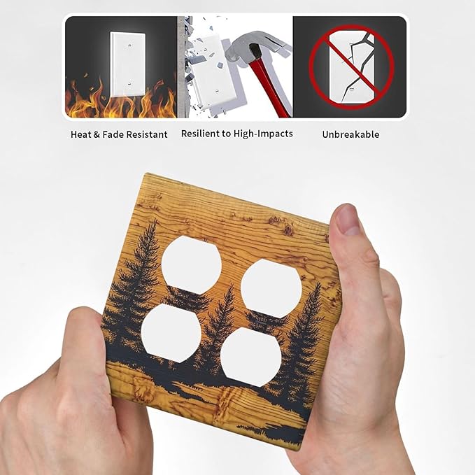Outlet Covers Forest Pine Silhouette Rustic Wood Grain 2 Gang Double Duplex Decorative Light Switch Covers Electrical Wallplates Socket Faceplate For Farmhouse Cabin Decor