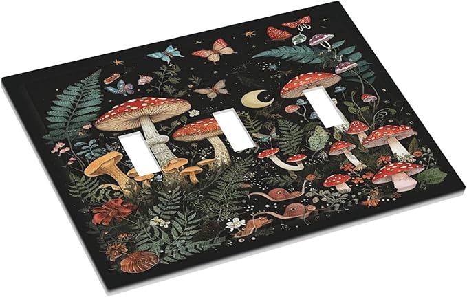 Cartoon Floral Mushroom forest Butterfly Flowers Decorative Switch Plates 3 Gang Wall Plate Faceplate Electrical Wall Panels Triple Toggle Light Switch Cover for Bedroom Kids Room Decor