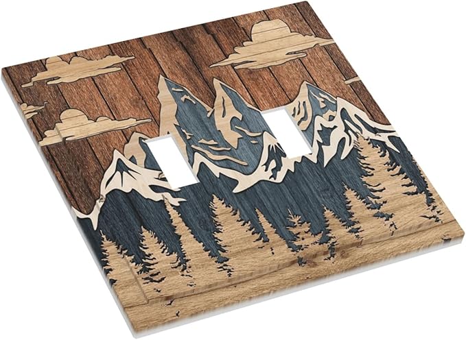 Blue Mountain Range Forest Nature Wilderness Wood Texture Decorative Switch Plates 2 Gang Double Toggle Outlet Light Switch Cover Wall Plate Electrical Faceplate for Farmhouse Home Decor
