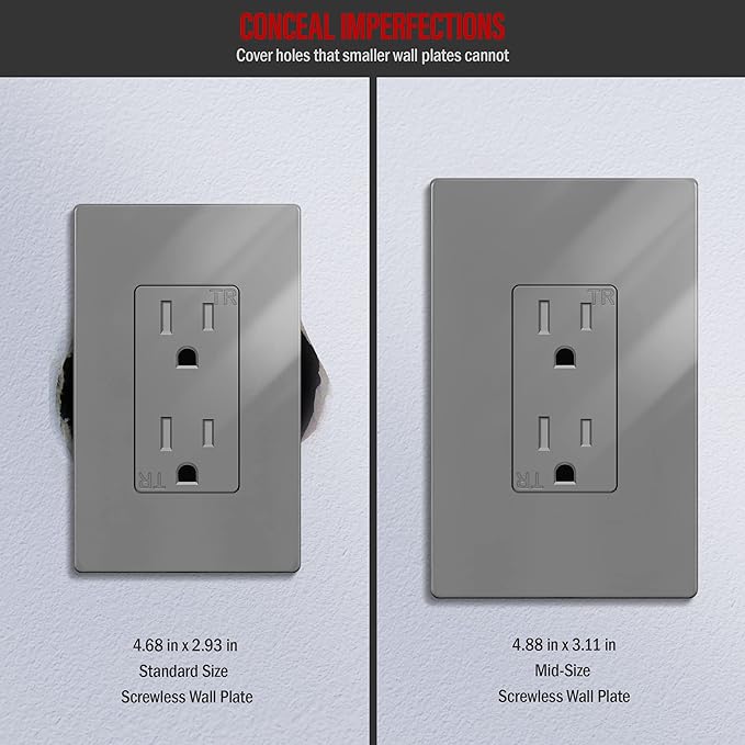 ENERLITES Screwless Decorator Wall Plate Child Safe Outlet Cover, Grey Switch Cover, Gloss Finish, Medium Size 1-Gang 4.88" H x 3.11" L, Unbreakable Polycarbonate Thermoplastic, SI8831M-GY, Gray