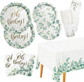 Sage Greenery Baby Shower Party Supplies Disposable Paper Plates Napkins Cups and Tablecloth for Boho Greency Party Decorations, Serve 25.