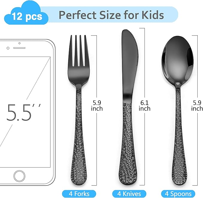 LIANYU 9-Piece Kids Black Silverware Set, Stainless Steel Toddler Utensils, Hammered Metal Flatware Cutlery Set Preschooler, Children Tableware Includes Knives Forks Spoons, Dishwasher Safe