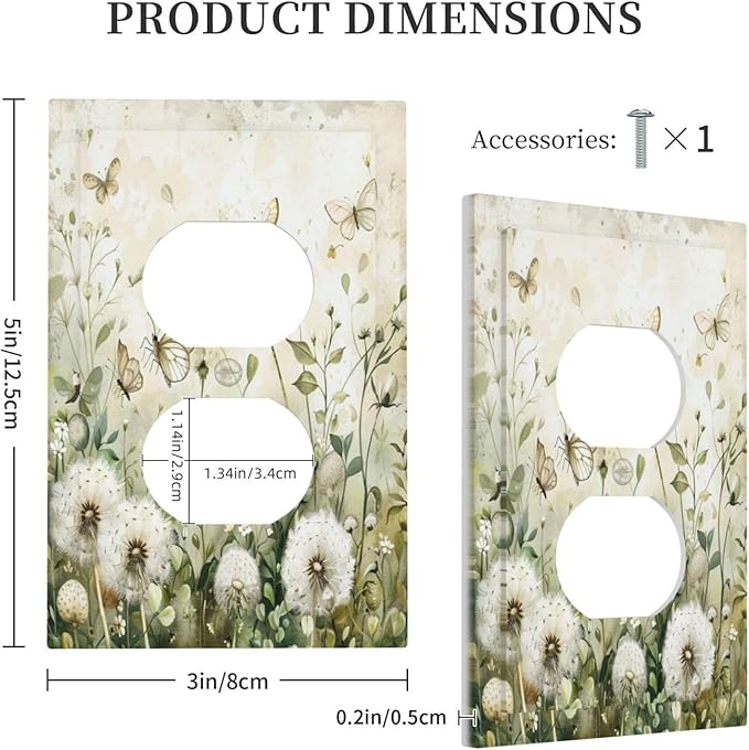 Decorative Outlet Covers Watercolor Butterflies Dandelions Wildflowers 1 Gang Duplex Light Switch Cover Plate Electrical Switch plates Wall Plates Receptacle Covers for Bathroom Bedroom Decor