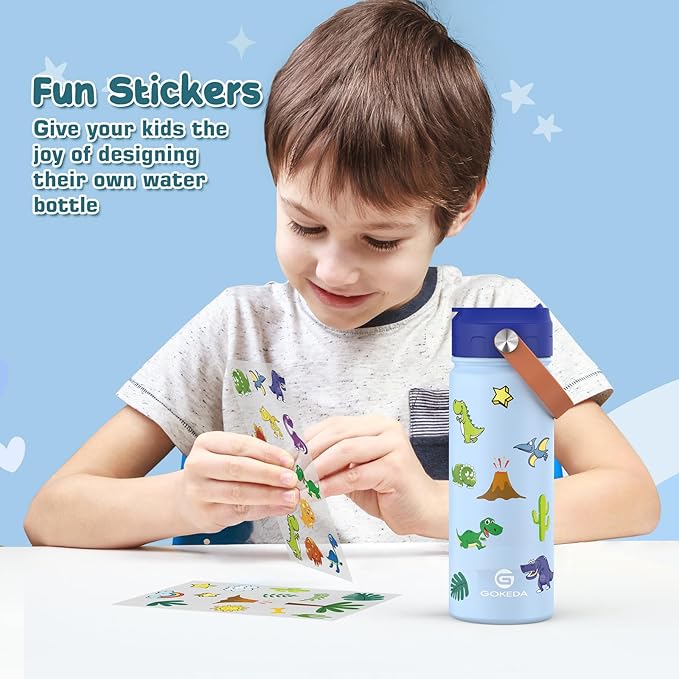 GoKEDA 18oz Kids Water Bottle, 2 Pack Insulated Bottles with Stickers, 18/8 Stainless Steel Vacuum Leak Proof Straw Cup for School, Gifts for Boys Girls(LightBlue+DarkGreenBlue)
