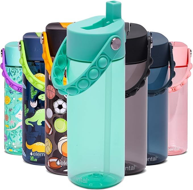 Elemental Water Bottles for Kids - Splash Kids Water Bottle for School with Pop-it Handle - BPA Free Tritan Plastic Water Bottle with Straw Leak Proof when Spout is Closed - Robin's Egg - 18oz