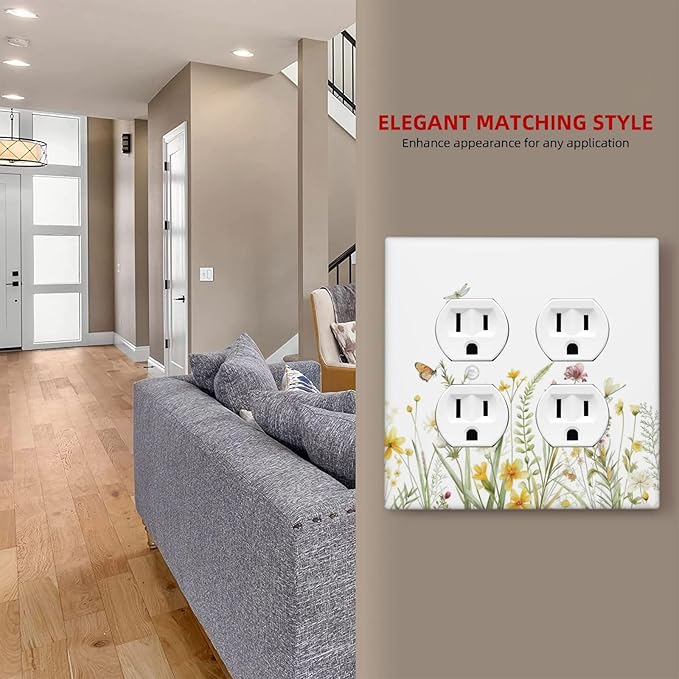 Colorful Wildflowers Dragonfly Butterfly Floral Outlet Covers 2 Gang Double Duplex Decorative Light Switch Covers Electrical Wallplates Socket Faceplate for Bedroom Living Room Decor