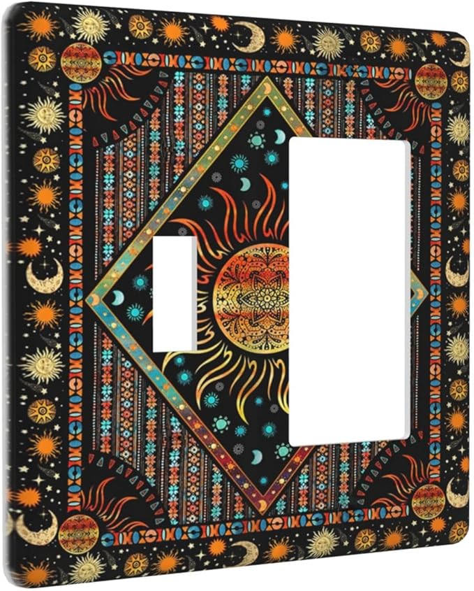 Light Switch Cover Boho Burning Sun Hippie Retro Bohemian Gypsy 2 Gang Toggle Rocker Combo Wall Plates Decorative Switch Plates and Outlet Covers Receptacle Cover for Bathroom Home Decor