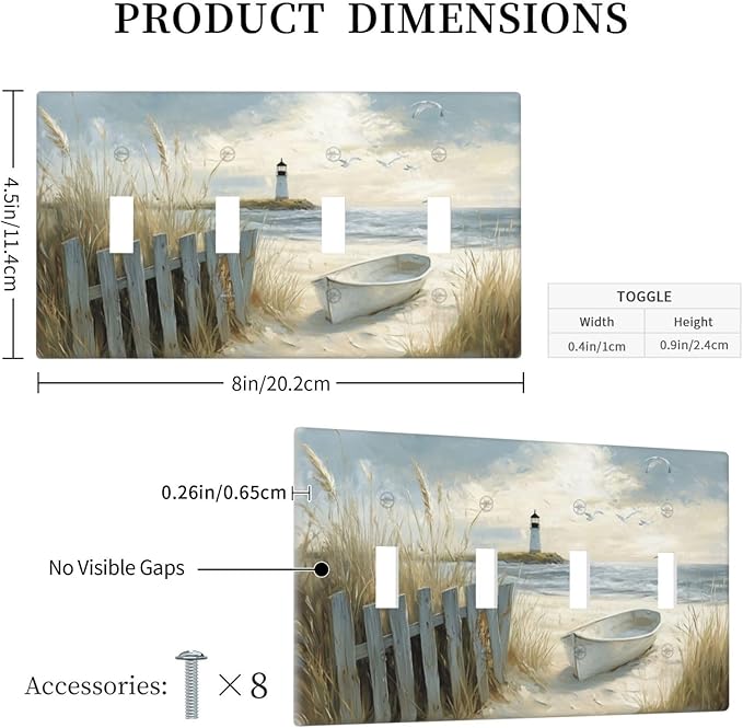 Sea Beach Quad Toggle Light Switch Cover Old Ship Reed Lighthouse Seascape 4 Gang Wall Plate Decorative Electrical Switchplates Covers for Country Bathroom Bedroom Living Room Decor