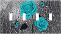 Elegant Teal Blue Gray Roses Flower Floral 4 Gang Quad Decorator Light Switch Cover, Romantic Raindrop Rose Butterfly Four Gang Toggle Wall Plate Outlet Cover Standard Size Girl Women Bathroom Decor