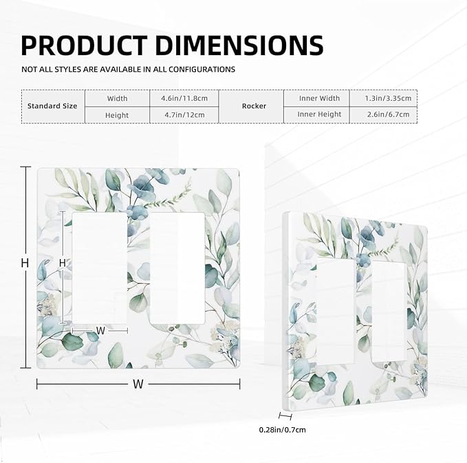 Green Eucalyptus Leaf Decorative 2 Gang Screwless Gfci/Rocker Light Switch Cover Decorative Spring Olive Boho Floral Leaves Dual Device Double Decorator Receptacle Outlet Wall Plate Cover for Dimmer