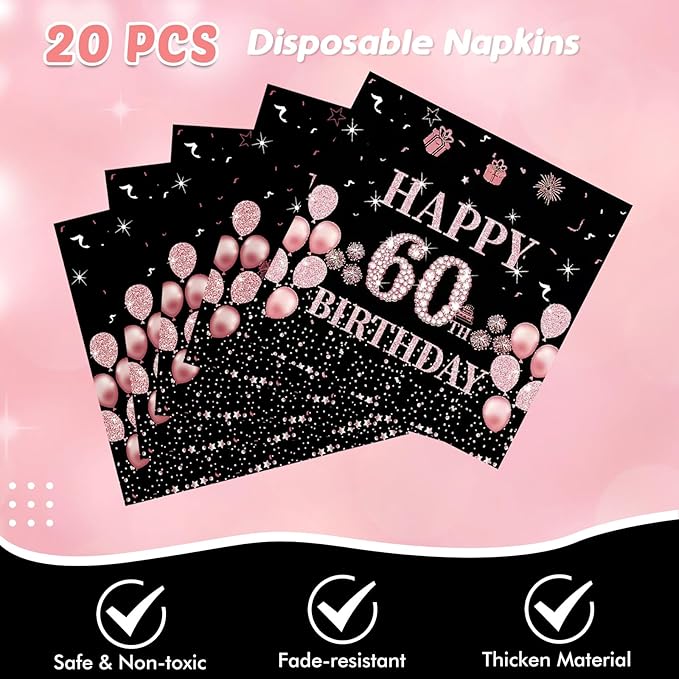41Pcs 60th Birthday Decorations for Women, Vintage 60 Birthday Black and Rose Gold Disposable Paper Plates and Napkins Party Supplies for 20 Guests, 41Pcs Include 7" Plates Napkins and Tablecloth