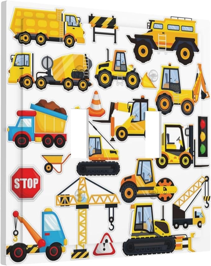 Yellow Truck Cartoon Transportation Double Toggle Light Switch Cover Decorative 2 Gang Wall Plate Electrical Faceplate Switchplate for Kidroom Bathroom Bedroom Living Room Decor