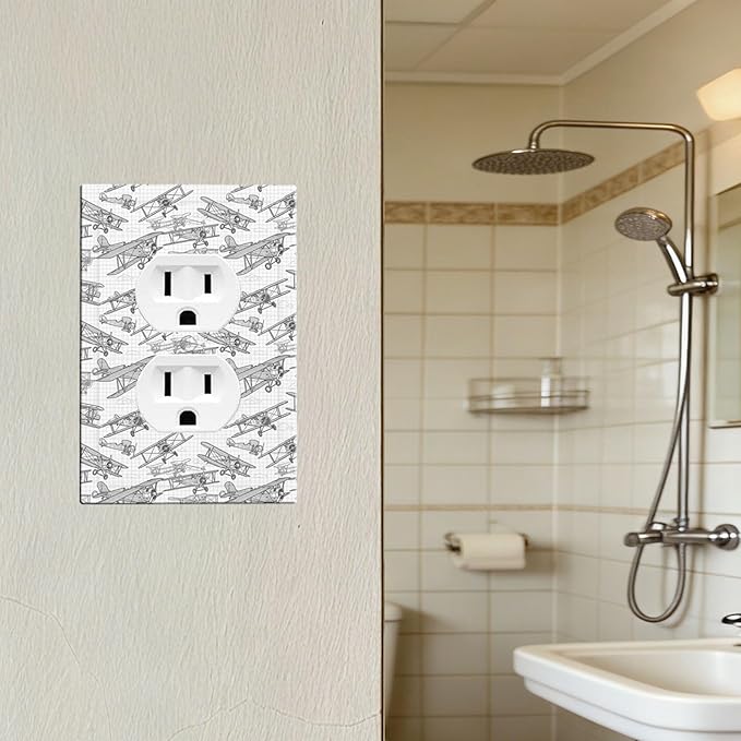 Vintage Biplane Duplex Wall Plate - 1-Gang Standard US Size Aviation Blueprint Grid Outlet Covers, Retro Pilot Dream for Boys Room