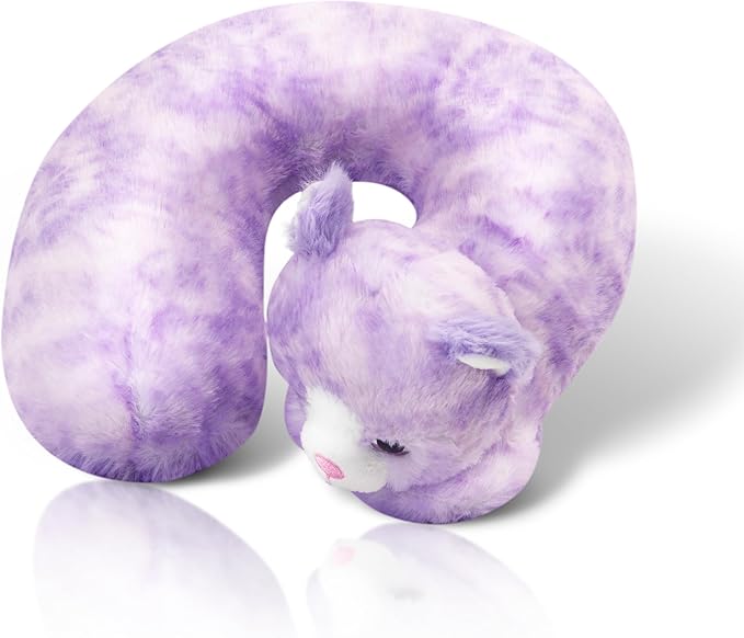 Cloudz Kids Super Soft N' Cuddly Animal Airplane Travel Neck Pillow! Keep Children Comfy and Supported with a Buddy While Traveling or just Resting at Home - Purple Cat