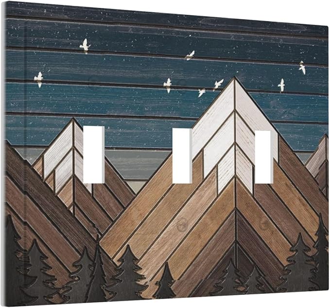 Rustic Geometric Mountain Wilderness Wood 3 Gang Light Switch Cover Triple Toggle Wall Plates Decorator Receptacle Outlet Covers Electrical Switchplate Faceplate for Bedroom Bathroom Kitchen Decor
