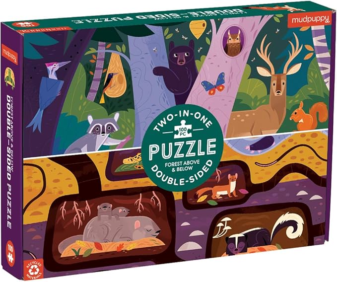 Mudpuppy Forest Above & Below 100 Piece Double-Sided Puzzle from Mudpuppy – Two Fun Puzzles in One!, Colorful Illustrations of Your Favorite Forest Animals, 22" x 16.5", Ages 6+