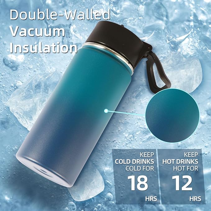 Volhoply 16 OZ Kids Water Bottle Bulk 8 Pack,Insulated Sports Bottles with Straw Lid,Stainless Steel Bottle with Handle Keep Cold & Hot,Double Wall Vacuum Tumbler Cups for School(Dark Night, 8)