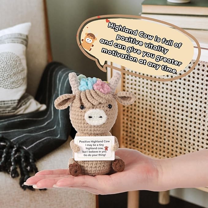 Knitted Highland Cow, Funny Cute Positive Cow Crochet Inspirational Knitted Doll with Positive Card Uplifting Knitted Toy Gift for Friends Family Party Decoration