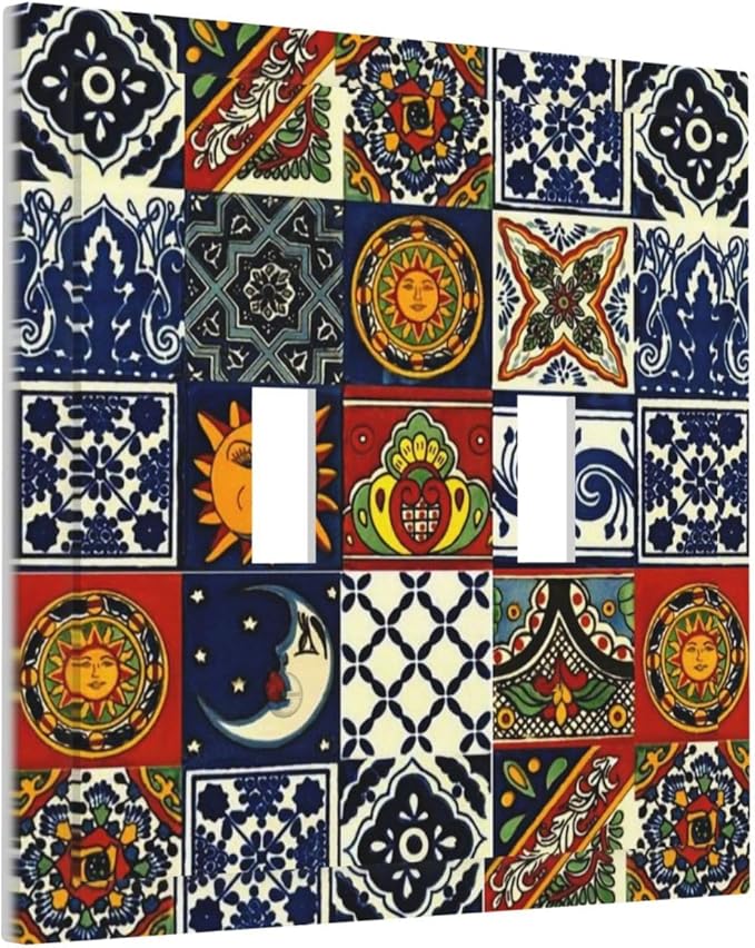 Mystic Aesthetic Boho Sun and Moon Mexican Talavera Tile Double Toggle Wall Plate Mysterious Hippy Kitchen Mosaic Decorative 2-Gang Light Switch Cover Electrical Receptacle Outlet Face Plate Cover