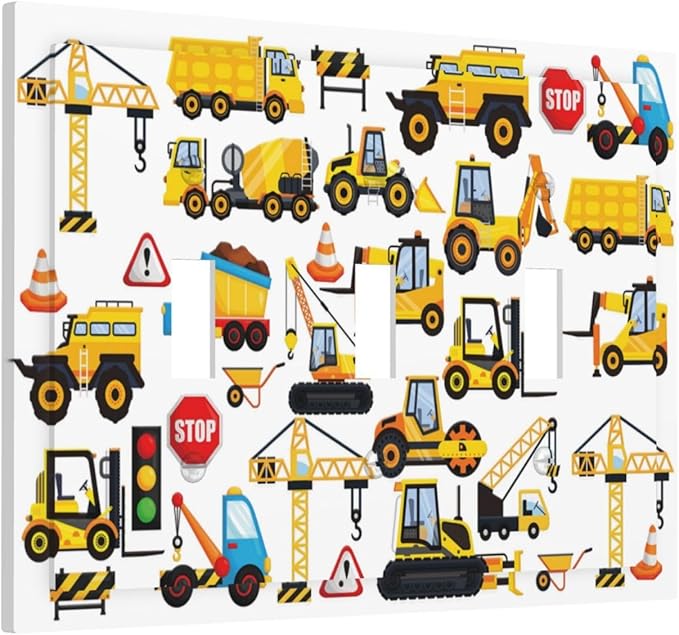 Truck Car Vehicle Transport Decorative 3 Gang Light Switch Cover Cartoon Construction Kids Boys Girls Nursery Bedroom Classroom Triple Toggle Outlet Electrical Switch Socket Plug Face Plate Cover