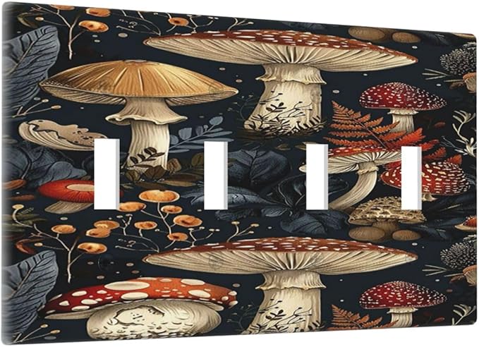 Light Switch Cover Plate Vintage Mushroom Floral 4 Gang Quad Toggle Wall Plate Electrical Outlet Cover Decorative Switch Plate Covers for Bedroom Kids room Decor