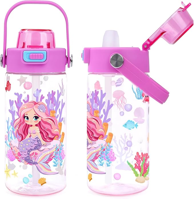 Queenshin Girls Mermaid Water Bottle for School 20oz BPA-Free Tritan Outdoor Kids Sports Water Cup Leak Proof with Straw Lid Handle Pop-Up Spout Cover